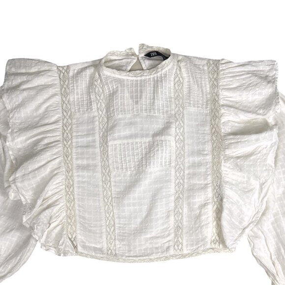 Zara Lace Cotton Blouse Women's Romantic Peasant Top Balloon Sleeves - Picture 4 of 12